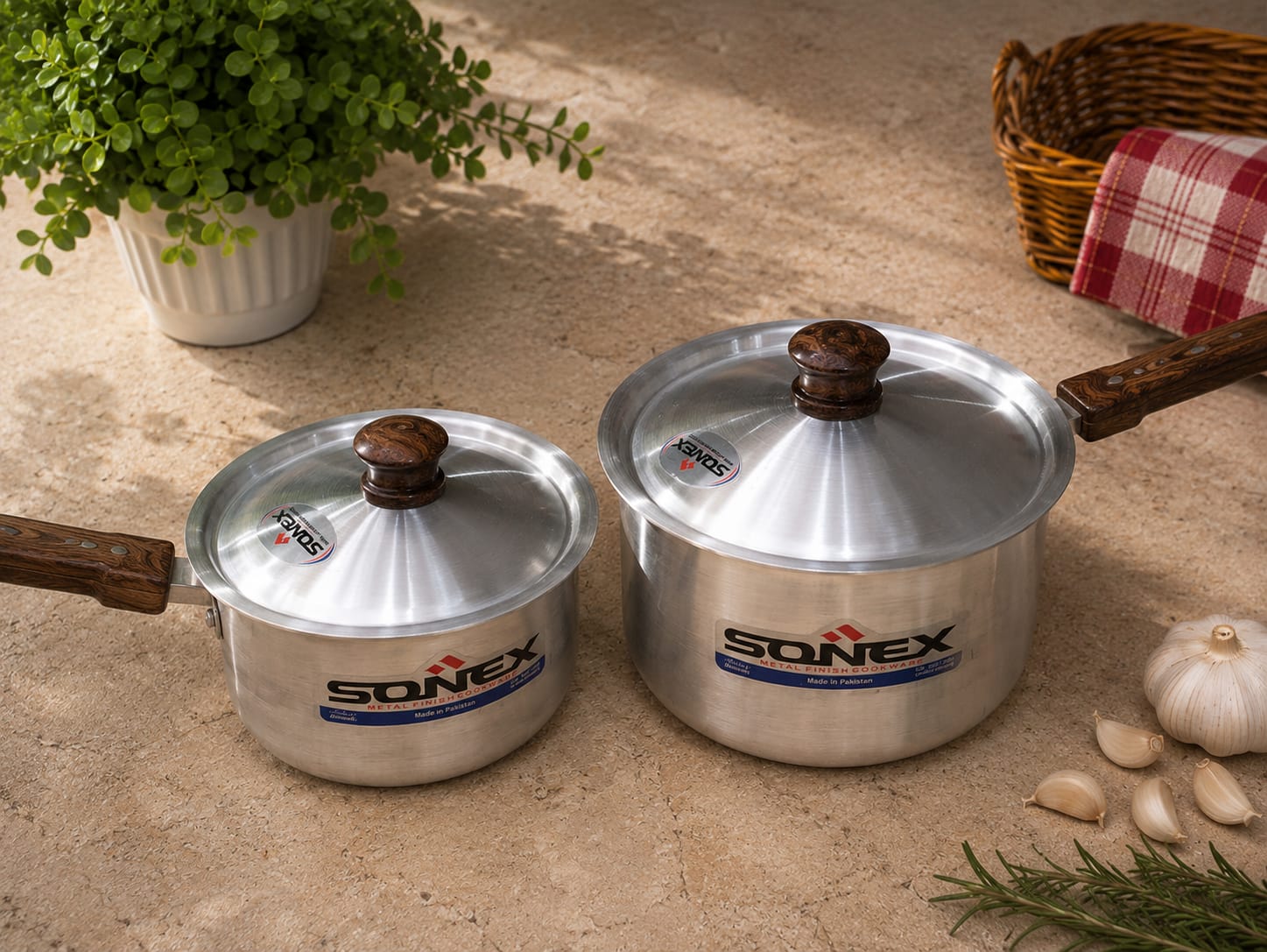 Two Sonex metal finish aluminium cookware pots with wooden handles and lids styled on a stone counter with herbs and garlic